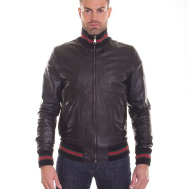 men s leather jacket genuine soft leather style bomber bicolor wool cuffs and bottom central zip black color mod alex 5