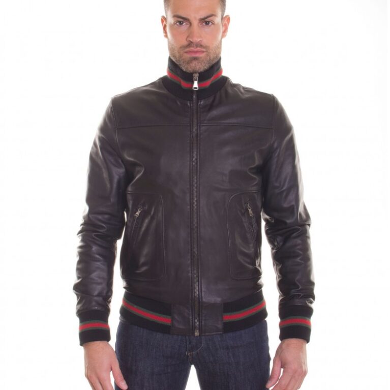 men s leather jacket genuine soft leather style bomber bicolor wool cuffs and bottom central zip black color mod alex