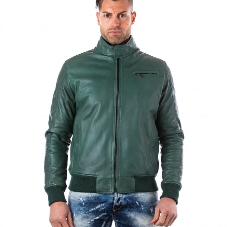 men s leather jacket genuine soft leather style bomber bicolor wool cuffs and bottom one zip pocket green color thil 6