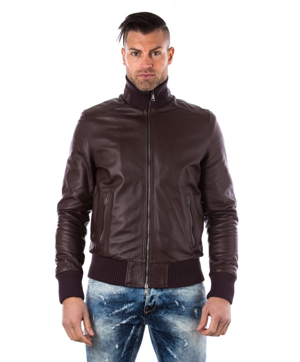 men s leather jacket genuine soft leather style bomber central zip wine color bomber 4