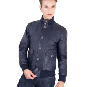 men s leather jacket genuine soft leather style bomber wool cuffs and bottom buttons closing blue color alex bottoni 4