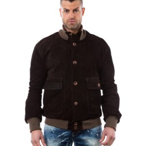 men s leather jacket genuine soft leather style bomber wool cuffs and bottom buttons closing blue color mod alex 7