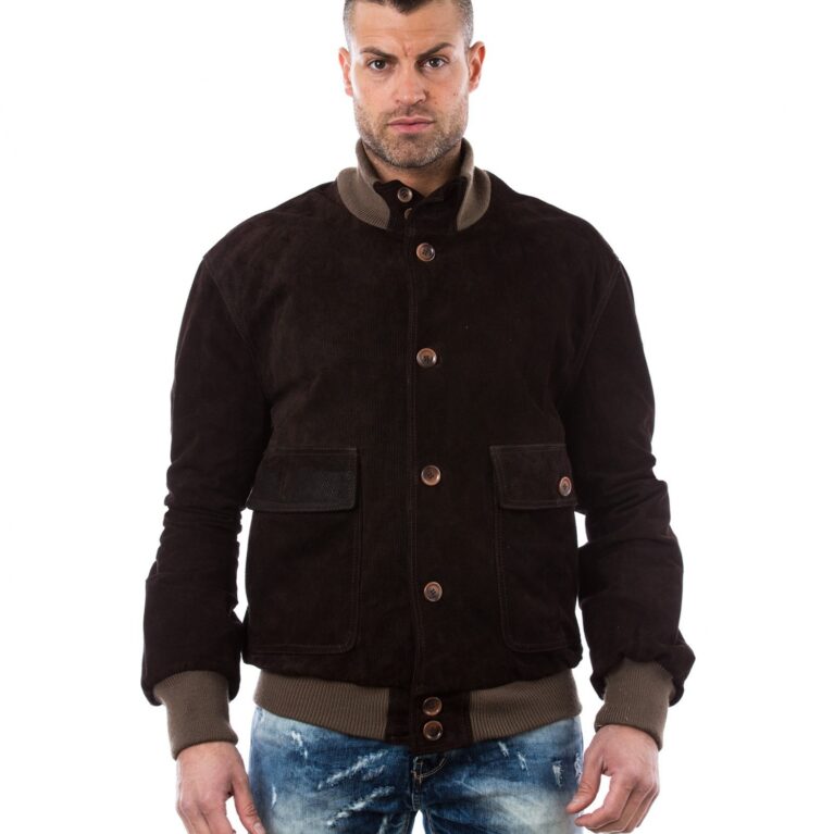 men s leather jacket genuine soft leather style bomber wool cuffs and bottom buttons closing blue color mod alex 7