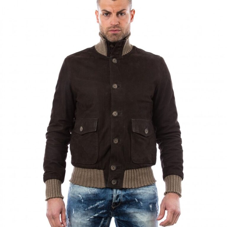 men s leather jacket genuine soft leather style bomber wool cuffs and bottom buttons closing blue color mod alex 8
