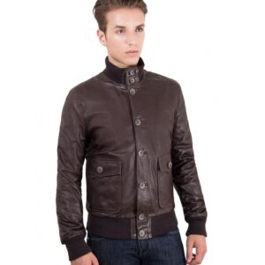 men s leather jacket genuine soft leather style bomber wool cuffs and bottom buttons closing dark brown color alex bottoni 4