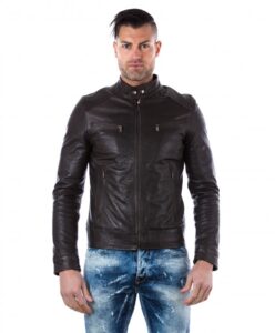 men s leather jacket genuine wizened soft leather biker style collar mao dark brown color hamilton 5