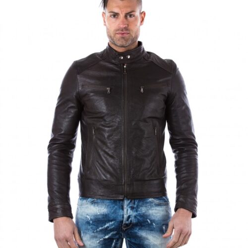 men s leather jacket genuine wizened soft leather biker style collar mao dark brown color hamilton 5