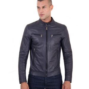 men s leather jacket korean collar four pockets blue color hamilton