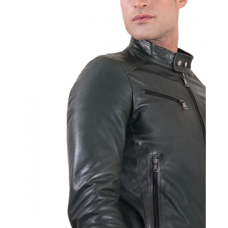 men s leather jacket korean collar four pockets green color hamilton 1 3
