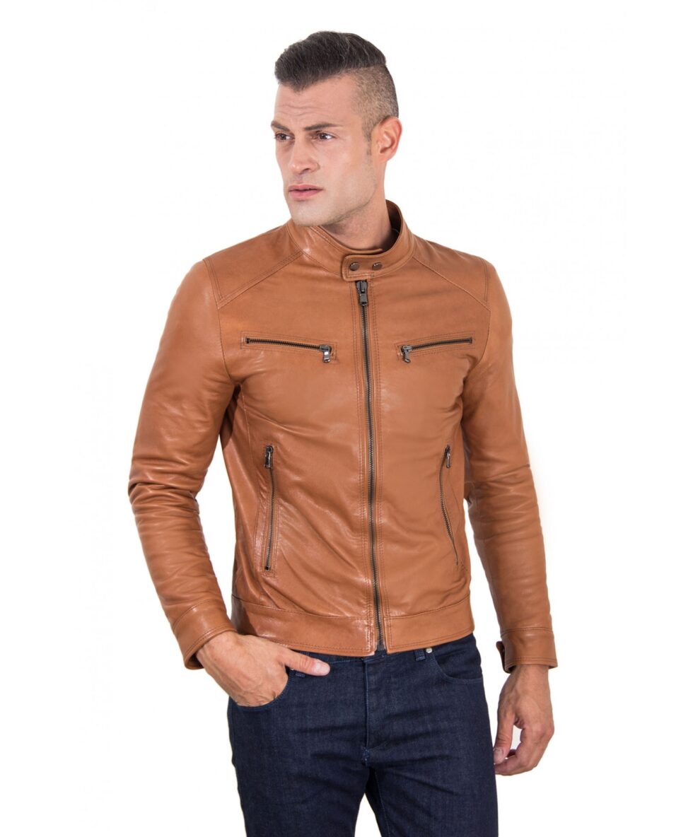 men s leather jacket korean collar four pockets green color hamilton 6