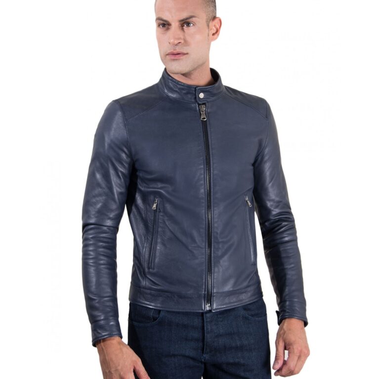 men s leather jacket korean collar two pockets blue color hamilton 5
