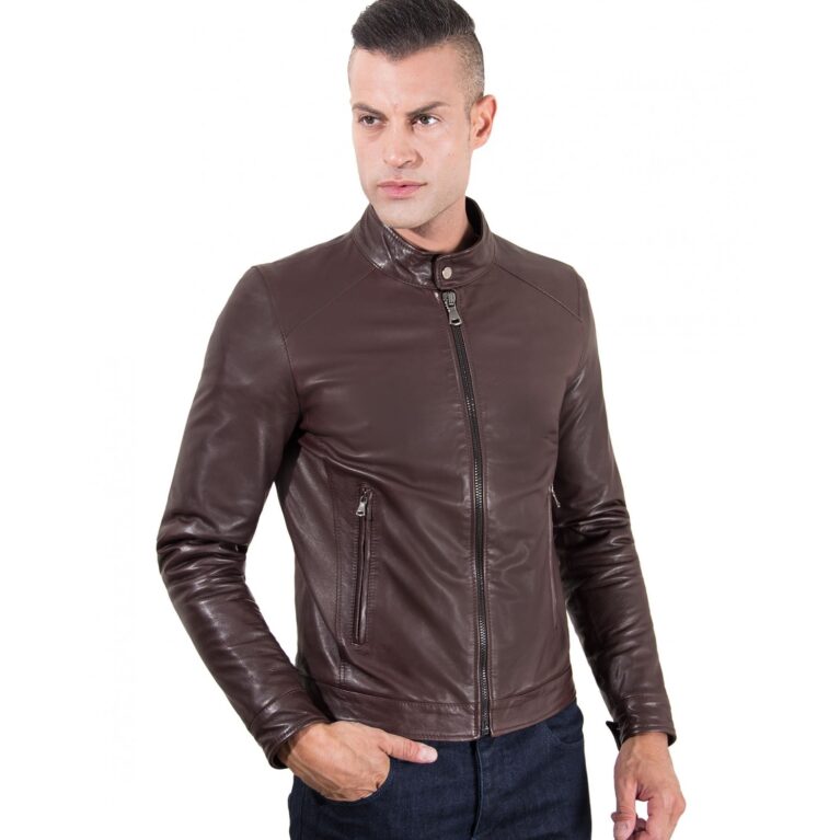 men s leather jacket korean collar two pockets dark brown color hamilton 6