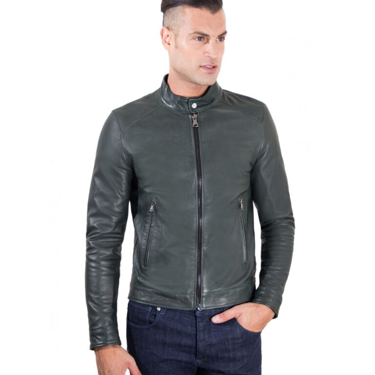 men s leather jacket korean collar two pockets green color hamilton 6
