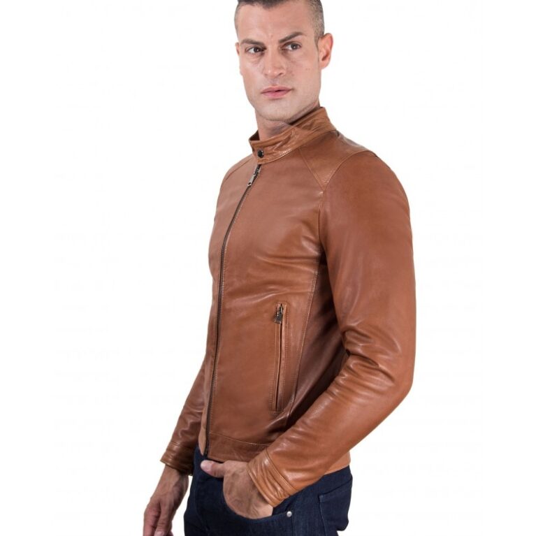 men s leather jacket korean collar two pockets tan color hamilton 3 2