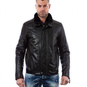 men s leather jacket mink fur collar central zip and buttons pockets regular fit davide black 6