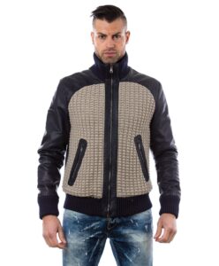 men s leather jacket style bomber wool parts and zip pockets color blue 4