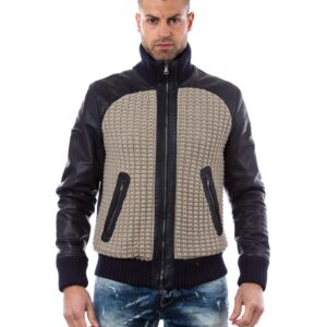 men s leather jacket style bomber wool parts and zip pockets color blue 4