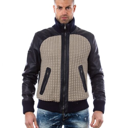 men s leather jacket style bomber wool parts and zip pockets color blue 4