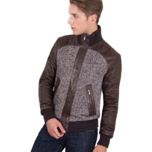 men s leather jacket style bomber wool parts and zip pockets color dark brown u402 4