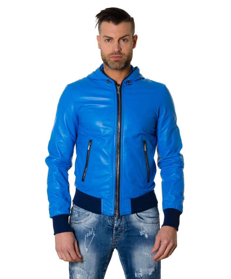 men s light blue lamb leather hooded jacket handmade special edition rebate rapid order fulfillment