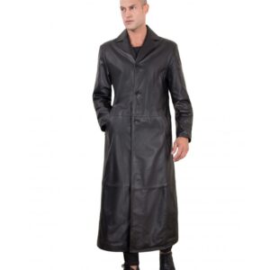 men s long leather coat genuine soft leather 2 pockets buttons closing black color 2299 matrix 5