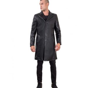 men s long leather jacket genuine soft leather 2 pockets buttons closing black color mod 032 matrix 4