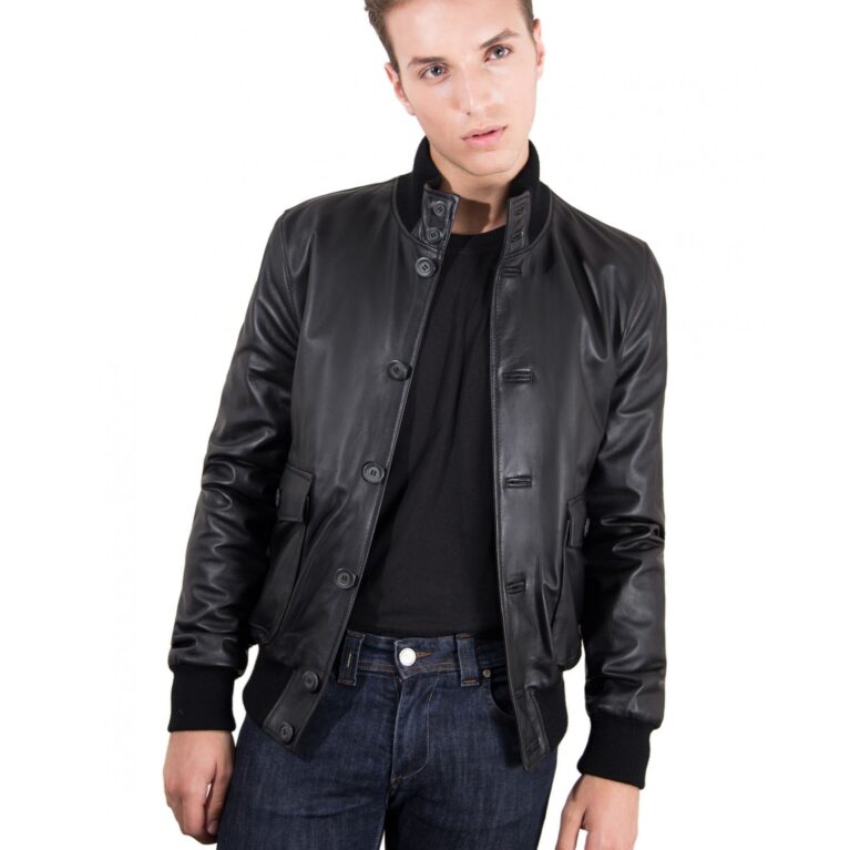 mens leather jacket with 2 front pockets and button closing black color alex 4