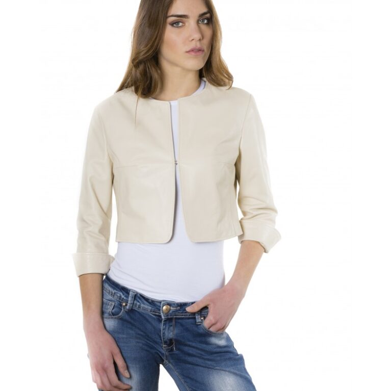 miss beige color lamb leather round neck short jacket 5
