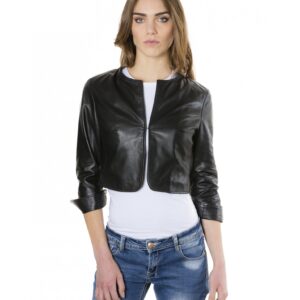 miss black color lamb leather round neck short jacket 5