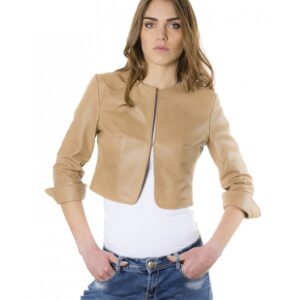miss brown color lamb leather round neck short jacket 7
