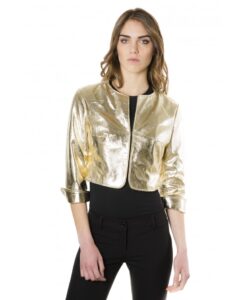 miss gold color laminated nappa lamb leather round neck short jacket 5
