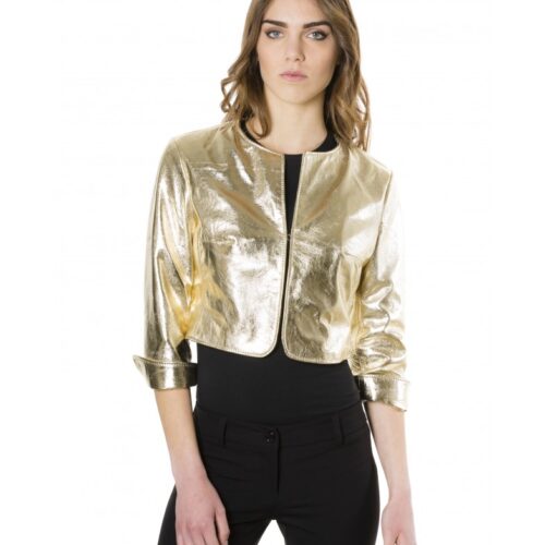 miss gold color laminated nappa lamb leather round neck short jacket 5