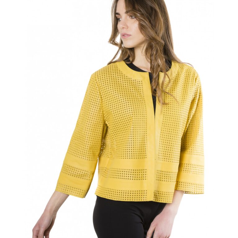 mud yellow color lamb lasered leather jacket 5
