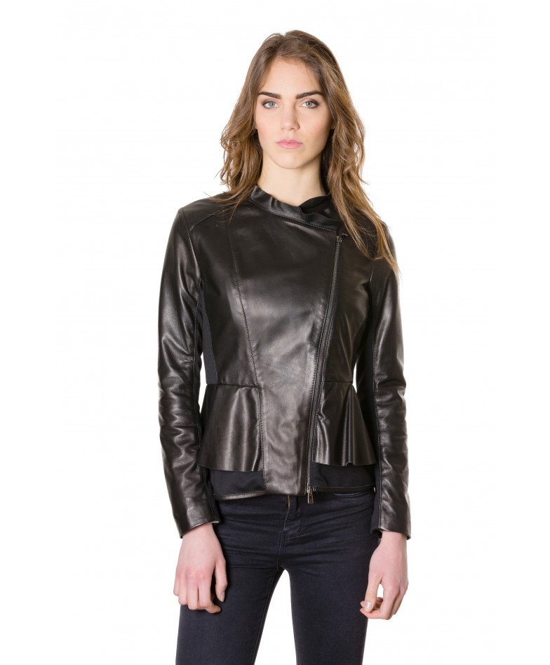 onyx lambskin fabric flounce biker handcrafted edgy elegance peplum moto