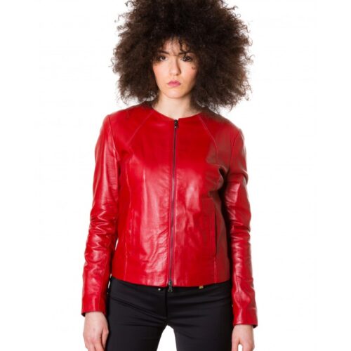 p151 red color nappa lamb leather short jacket smooth effect