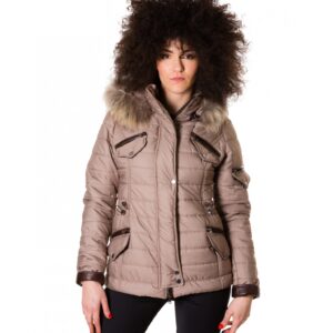 piumino con inserti in pelle da donna cappuccio con pelliccia in murmasky colore beige mod lucilla 6