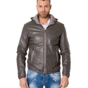 street 27c grey colour lamb leather hooded bomber