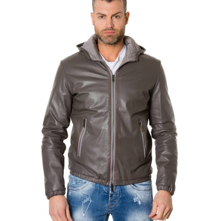 street 27c grey colour lamb leather hooded bomber