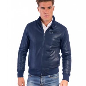 thin blue lamb leather bomber jacket