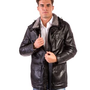 vittorio black colour man leather hooded coat 1 2