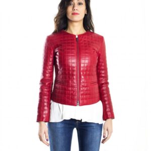 women s leather jacket genuine soft leather diamonds fantasy round neck red color mod clear quadri 4