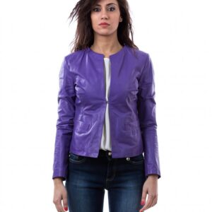 women s leather jacket in genuine lamb leather and round neck violet clear 1 3