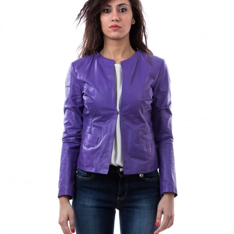 women s leather jacket in genuine lamb leather and round neck violet clear 1 3