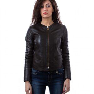 women s leather jacket in genuine soft leather and round neck brown clear 1 1