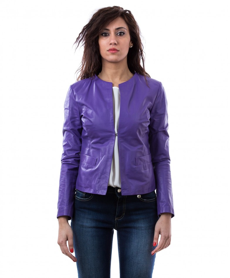 women s violet color nappa lamb leather short jacket handmade boutique price drop expedited carrier delivery