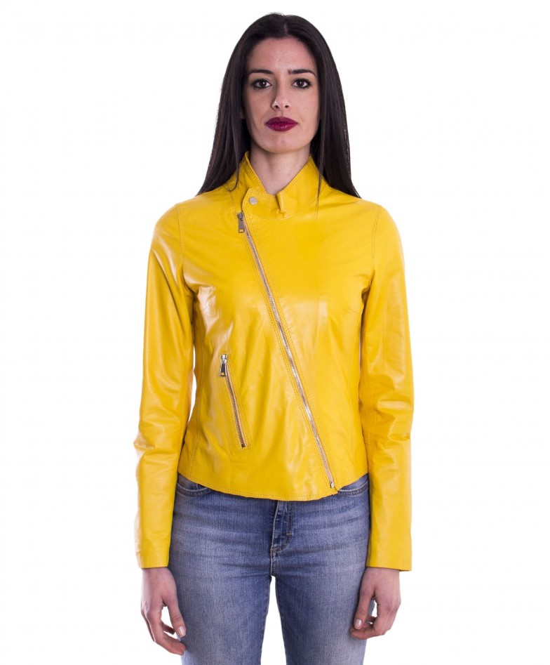 yellow lamb leather biker jacket baronessa high