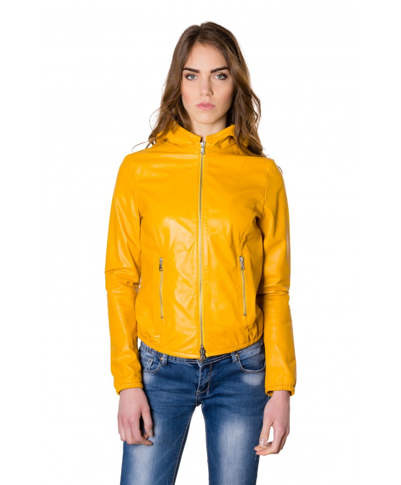 yellow nappa lambskin hooded jacket smooth